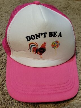 Pink and White Trucker Hat with Rooster and Lollipop Graphic